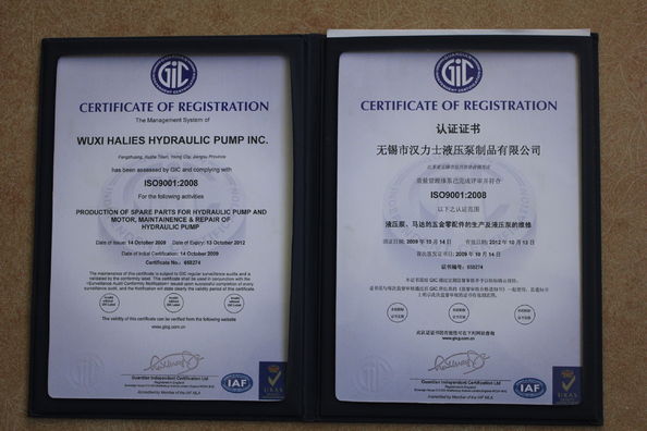 China WUXI HALIES HYDRAULIC PUMP INC zertifizierungen